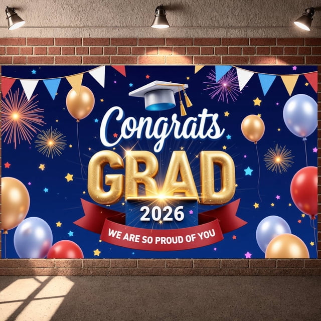Gold Glitter Congrats Grad Banner Dark Blue Graduation Backdrop 3D Lettering Red Ribbon 2026 Grad Display for Graduation Parties High School Graduations College Graduations