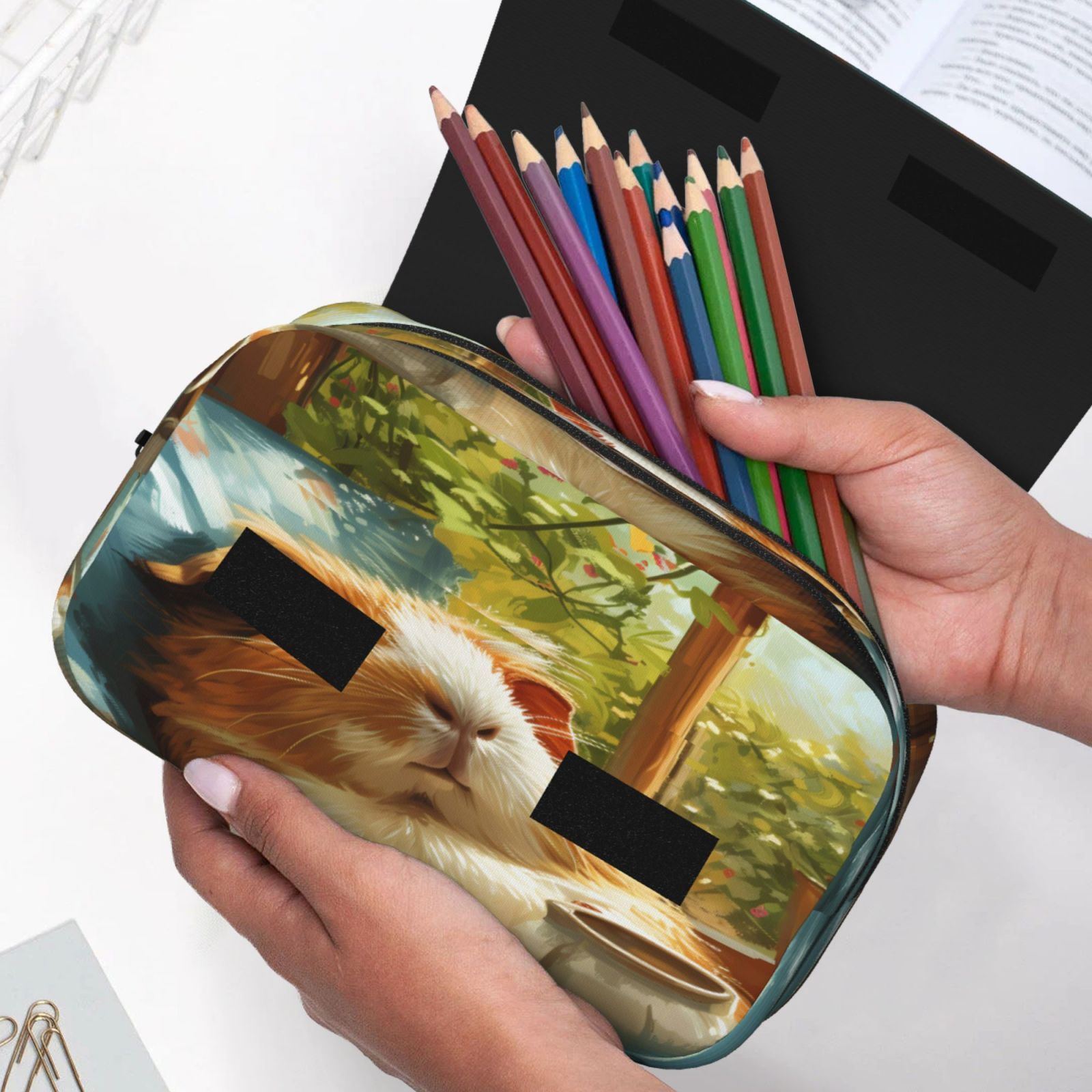 Rateoe Lazy Home Style Guinea Pig Pattern Double Clamshell Pen Case, Storage Organizer with Two Zipper Compartments– Holds Up to 50 Pencils & Pens