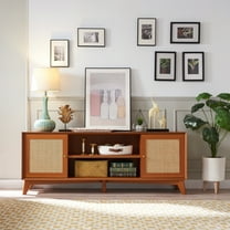 OKD Rattan TV Stand for a 75-inch TV， Console Entertainment Center with 2-Door for Living Room, Cherry