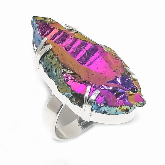 Natural Peacock Titanium Aura 925 Sterling Silver Jewelry Ring Size 10
