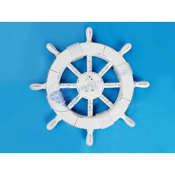 All White Rustic Coastal Maritime Home Decorative 18" Ship Wheel with Anchor & Rope - Nagina International
