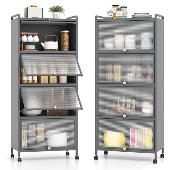 5-Tier Kitchen Storage Cabinet, Mobile Microwave Stand with Flip-up PC Doors, Freestanding Kitchen Bakers Rack with 4 Rolling Casters, for Dining Room, Living Room and Study, Grey