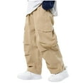 thumbnail image 3 of ZVAVZ Boy's Casual Baggy Cargo Pants High Waist Wide Leg Jogger Drawstring Hiking Trousers Hip Hop Pants with Flap Pockets Khaki,5 Years, 3 of 7