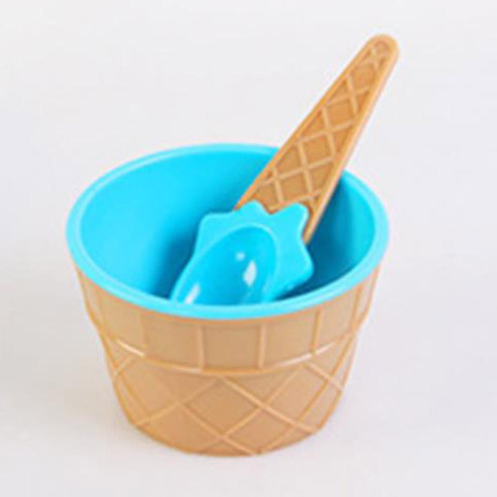LYUMO 2pcs Cute Plastic Ice Cream Bowl + Spoon Salad Bowl Dessert