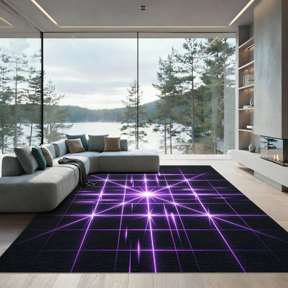 ODIKA 4'x6' Machine Washable Non-Slip Area Rug, Geometric Black High Traffic Rug, Purple, 981966