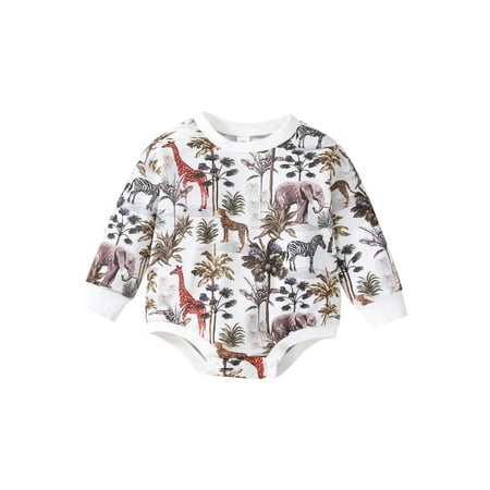 

Newborn Baby Boy Cotton Fall Romper Breathable Long Sleeve Crew Neck Animal Rainbow Print Bodysuit