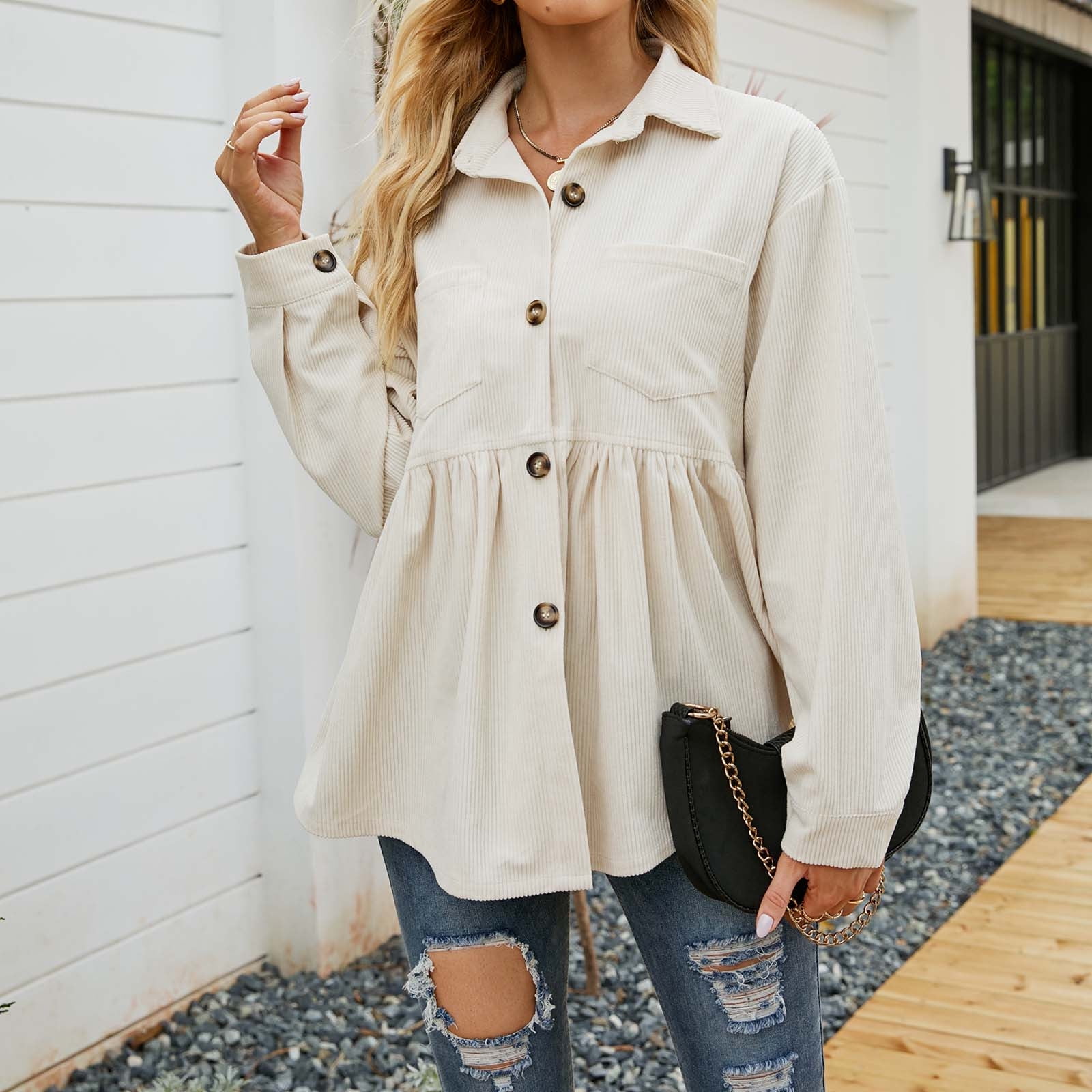 ジャケット・アウター Alumu. melton peplum button tops XFLWAM Women's Corduroy Peplum Button Down Shirt Jacket Long