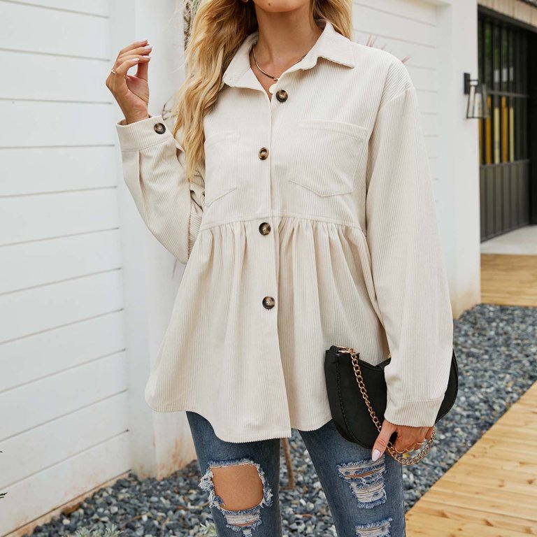 XFLWAM Women's Corduroy Peplum Button Down Shirt Jacket Long
