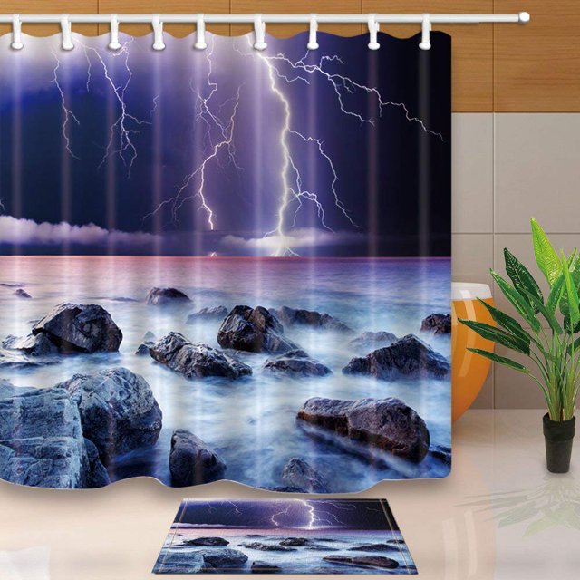 ABPHQTO Summer Storm Beginning With Lightning Cortina de ducha 160x180 cm con suelo Felpudo Alfombras de baño 40x60 cm
