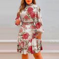 thumbnail image 2 of USSUMA Knee Length Pleated Flowy Swing Dress for Women Wedding Guest Midi Summer Dresses Casual Floral Print 2022 Sundresses Casual Beach Long Sleeve High Neck Sun Dresses, 2 of 5