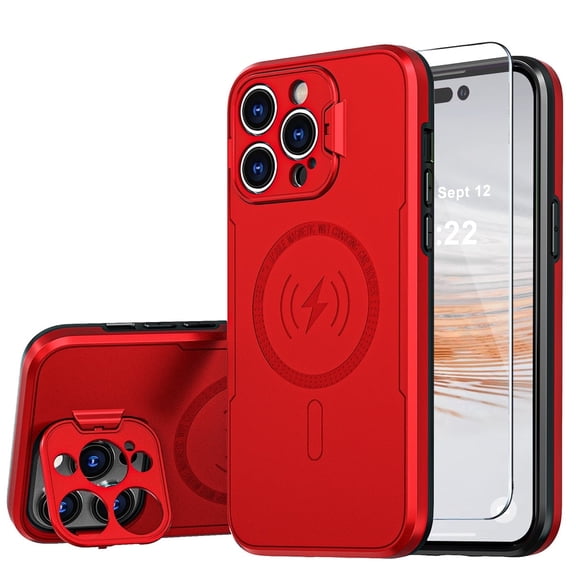 WATEFULL Magnetic Case for iPhone 15 Pro Max Compatible with MagSafe Foldable Stand Camera Protector, Glossy Dual Layer Protective Bumper Magnetic Cover, 1 Tempered Screen Protector(Red)