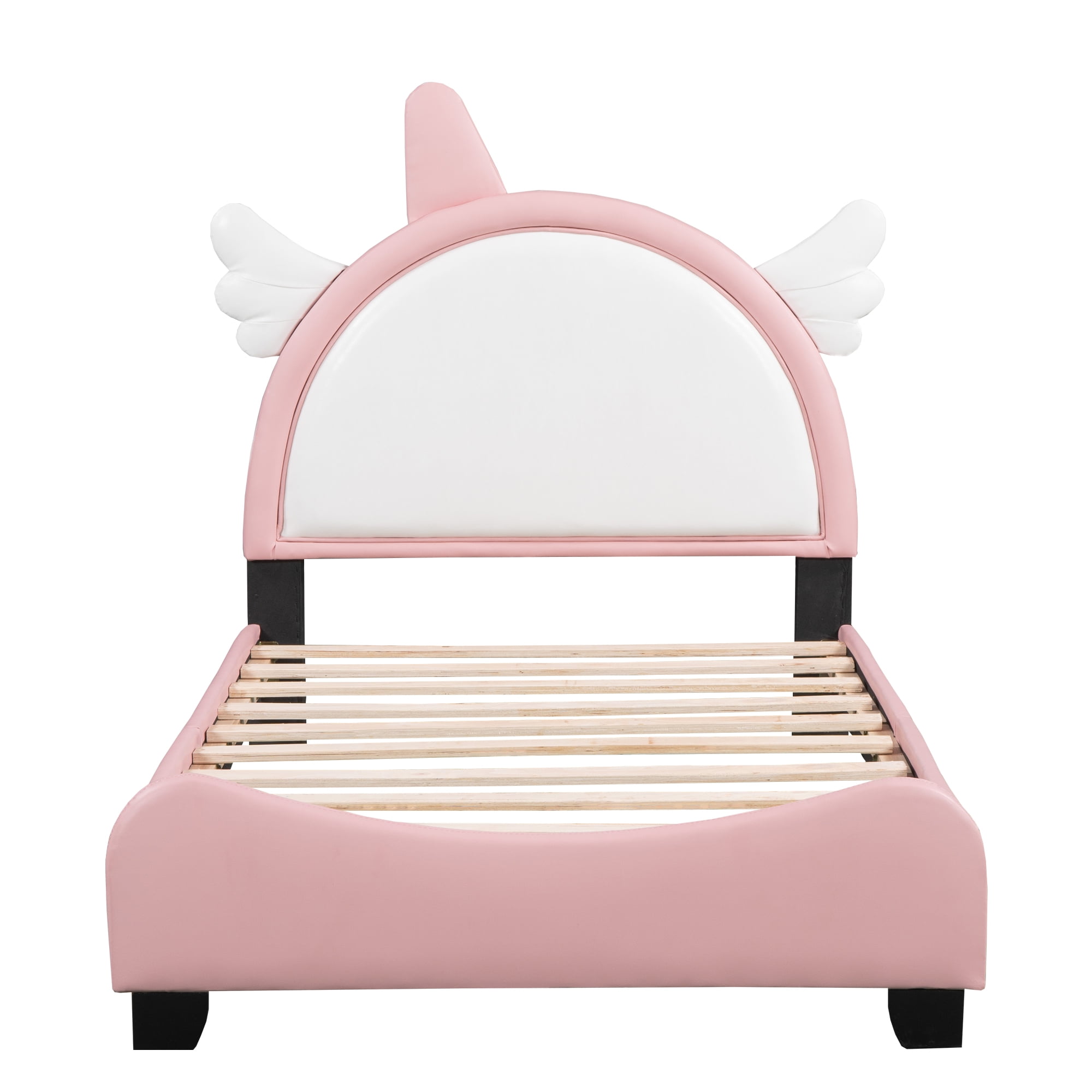 Cute Twin Size Bed Frame with Unicorn Shape Headboard,Twin Size Platform Bed Frame with Headboard and Footboard for Boys Girls ,80"x45"x45",White+Pink