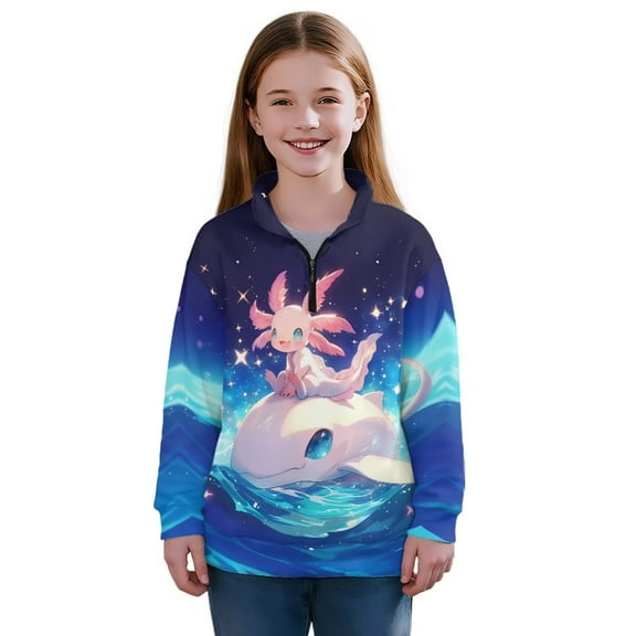 Uorisanigo Kids Girls Sweatshirt Casual Long Sleeve Pullover Crop Tops Oversized Pink Whale Axolotl Half Zip Up Hoodies for Vacation Shopping Exercise Wear Fall Fashion Outfits Clothes
