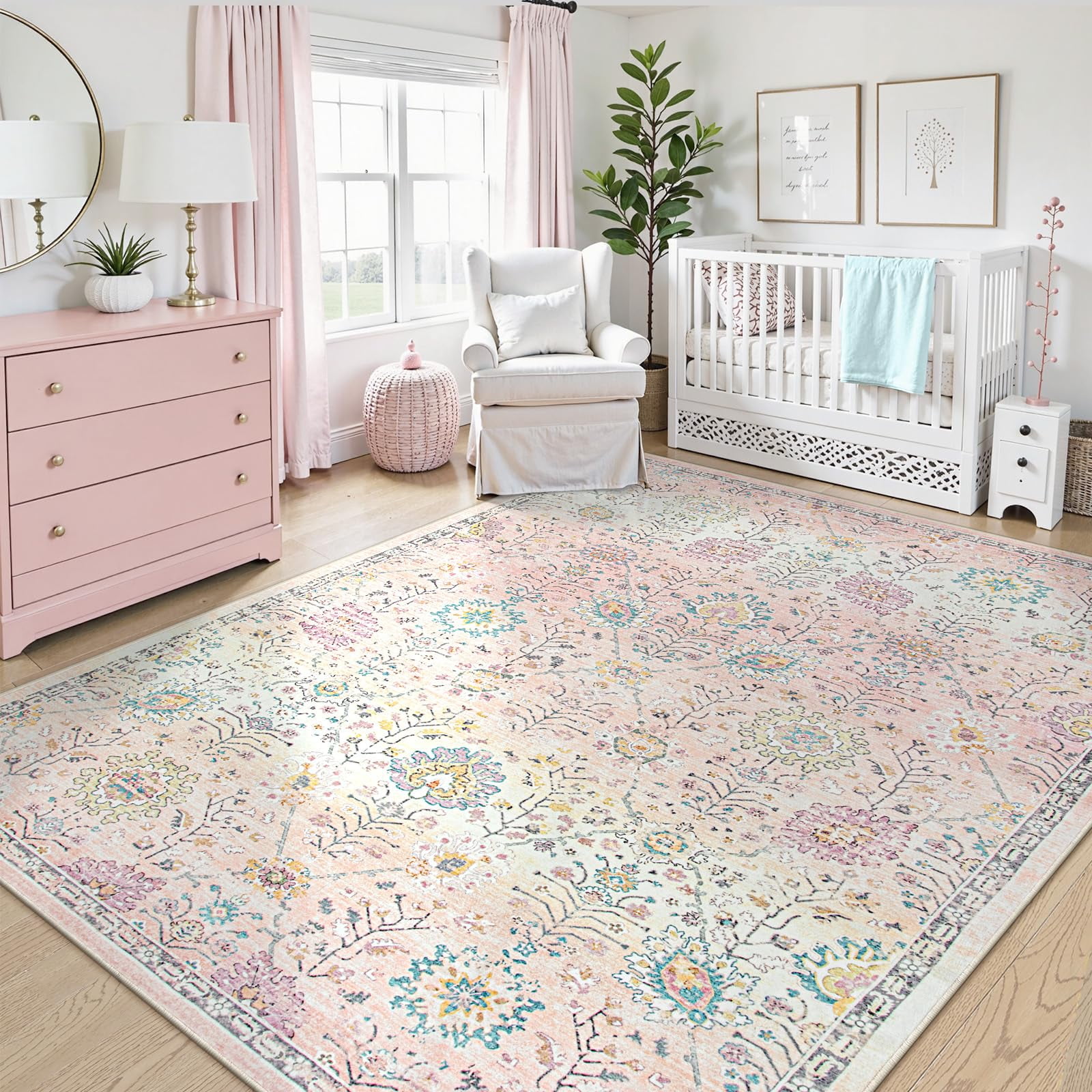 Wonnitar 8'x10' Pink Boho Area Rug, 8x10ft Rugs for Bedroom Girls Large Living Room Area Rugs Soft Floral Playroom Rug, Washable Rugs Non Slip Pastel Rug for Bedroom Living Room Carpet