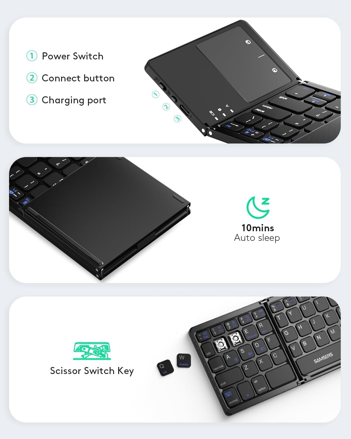 Foldable Bluetooth Keyboard with Touchpad - Portable Wireless Keyboard with Holder, Rechargeable Full Size Ultra Slim Pocket Folding Keyboards for Android Windows iOS Tablet & Laptop - Black