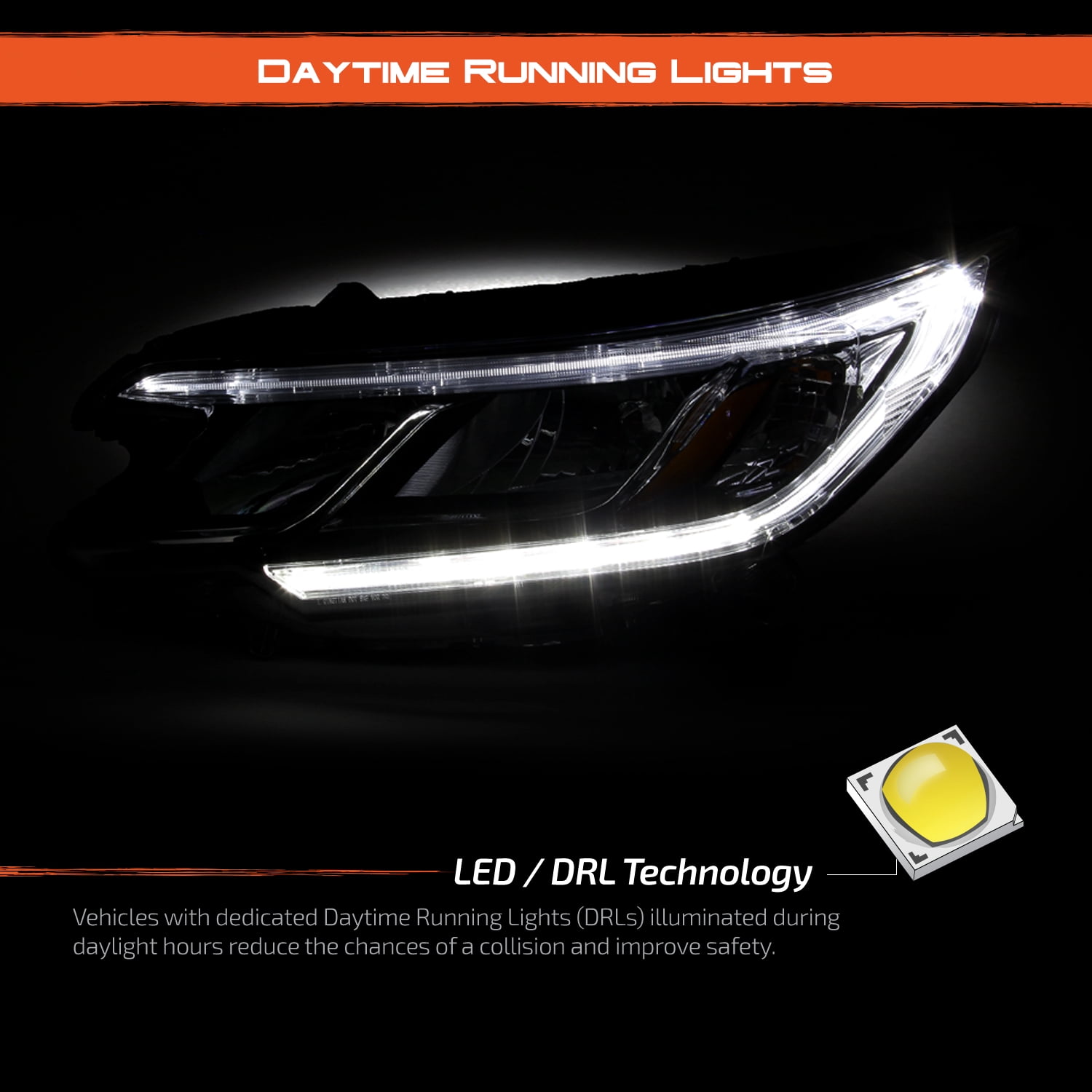 AKKON - Fits 2015-2016 Honda CR-V EX / EX-L / SE  [Tube Bar] Chrome Headlights Pair Driver Left + Passenger Right w/ LED DRL