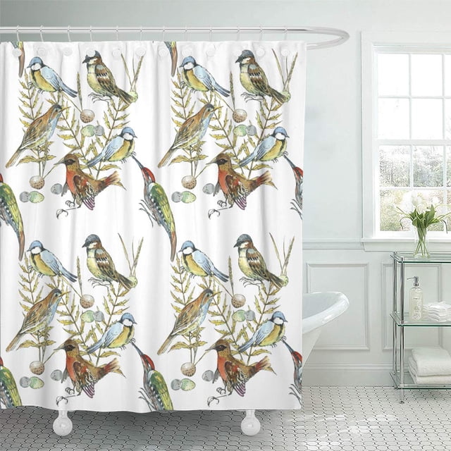 ABPHQTO Blue Bird Sparrow Tit Woodpecker Ramas y hojas Acuarela Cortina de ducha 150x180 cm