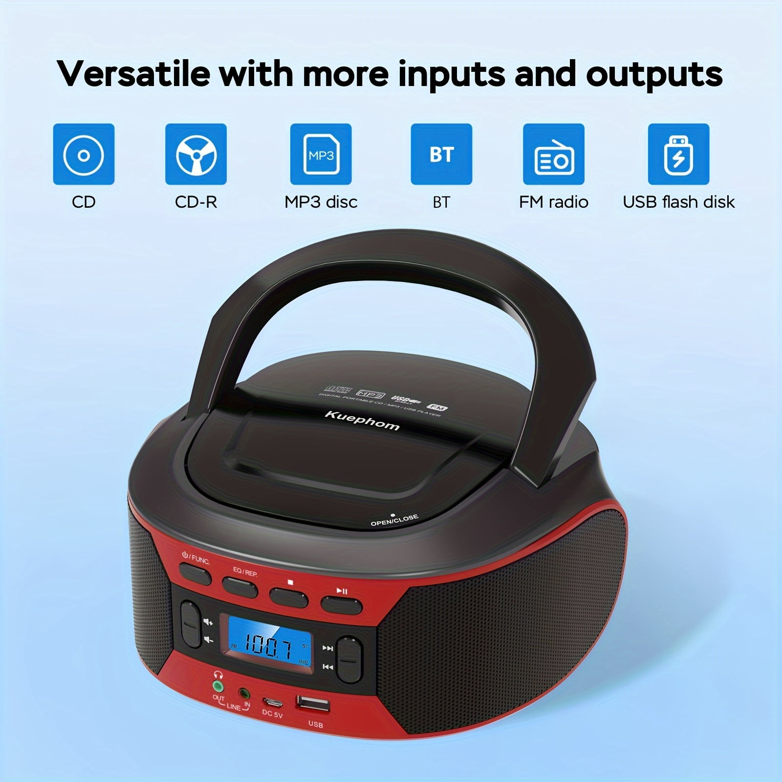 Portable CD Player Boombox with BT, FM Radio with CD Player Combo, CD Boombox with AUX/USB Playback and Earphone Jack. CD Players for Home with Stereo Speakers, Battery or AC Powered.