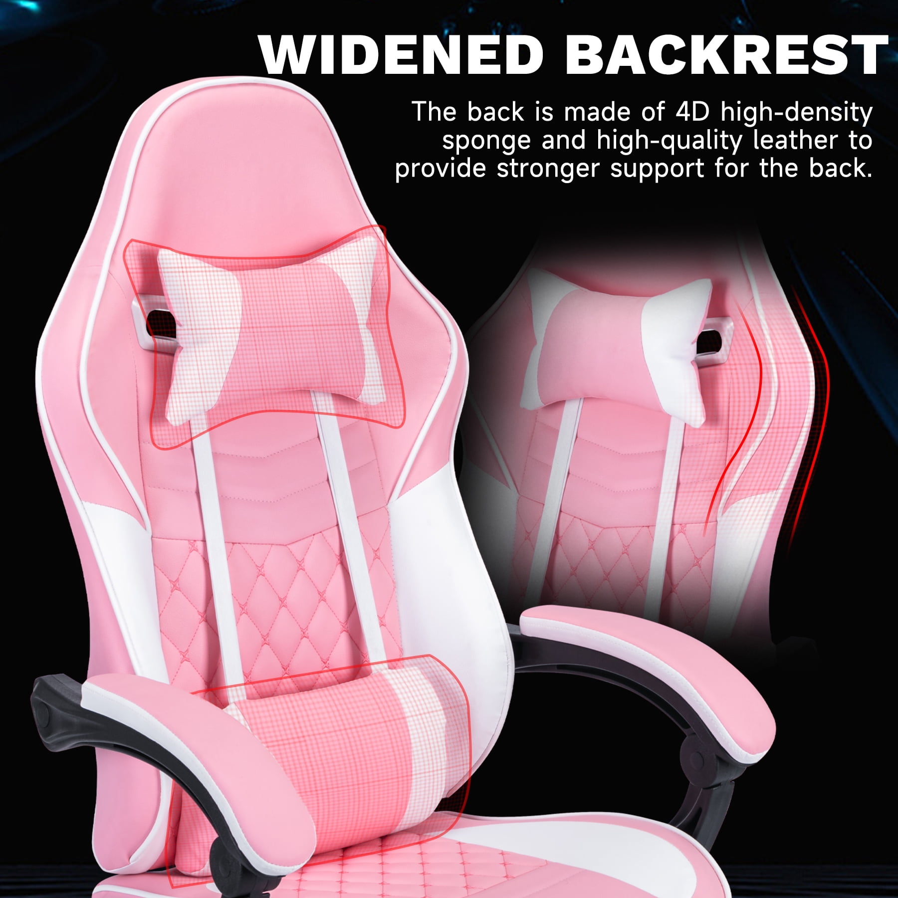 Ergonomic Gaming Chair with Massage Lumbar Support & Footrest, Racing Style Computer Chair with Adjustable Headrest for Home Office, Comfortable, Pink White