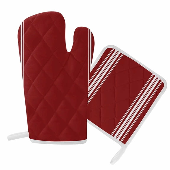 Oven Mitts and Pot Holder Set for Kitchen, Burgundy Red Stripe Kitchen Oven Gloves Heat Resistance Non-Slip Surface Potholders French Stripe Farmhouse Style Hot Pads Sets for Cooking Baking BBQ