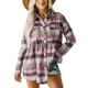 thumbnail image 1 of Camisa de manga larga con botones para mujer, blusa a cuadros con hombros caídos y cuello vuelto, Tops con bolsillo tipo parche, cuadros rosas XL, 1 of 6