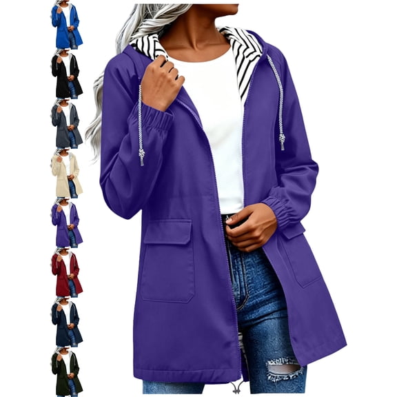 Women's Plus Size Rain Jackets Waterproof Solid Color Hooded Windproof Rain Jacket Outdoor Loose With Pocket Coat