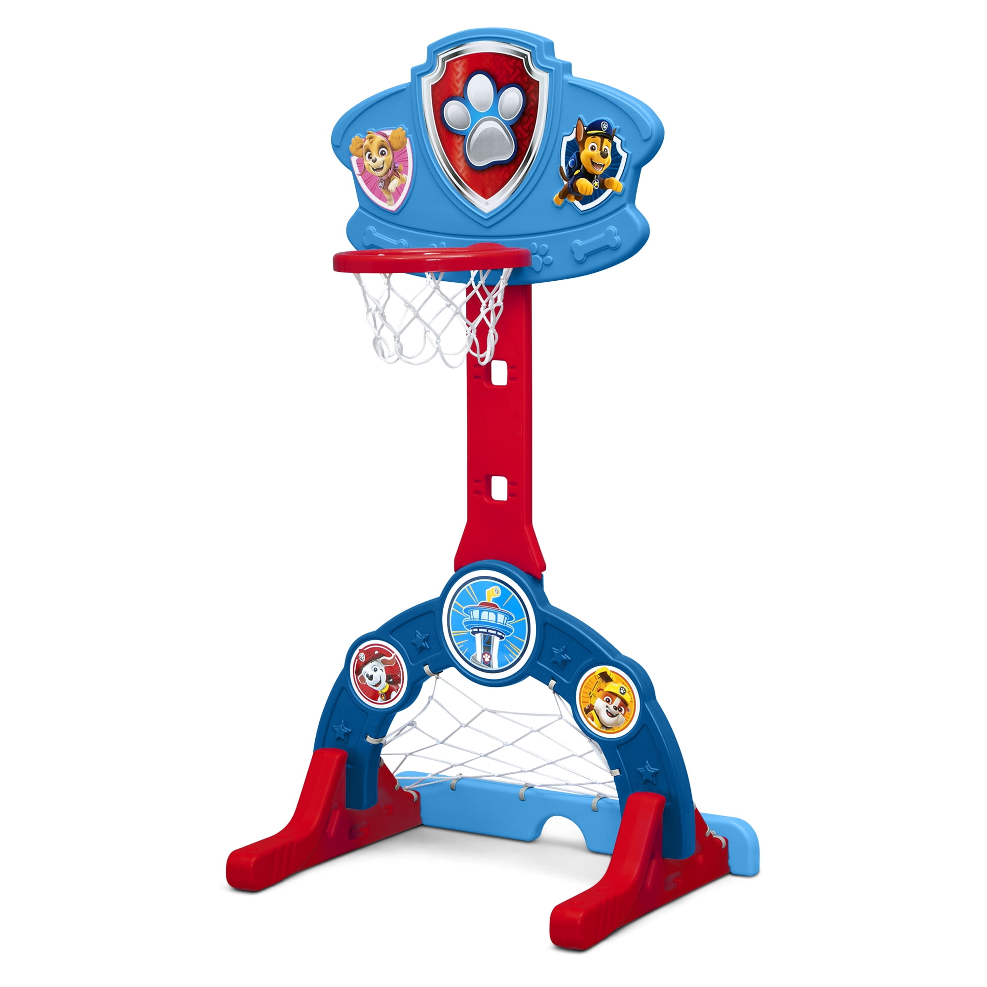 PAW Patrol 4 in 1 Sports Center by Delta Children Adjustable Basketball Hoop Soccer Hockey Net Golf Game Blue