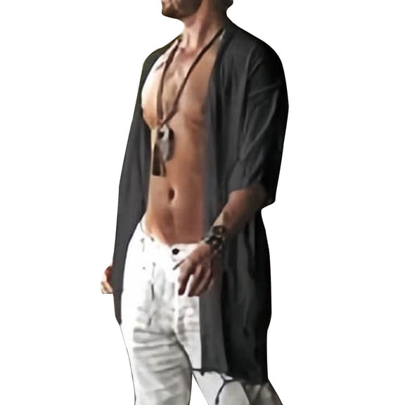 MOJOGO Men's Beachwear Robe Open Front Cardigan Half Sleeve Mesh Coverups with Fringe Lightweight Vacation Outfits XL