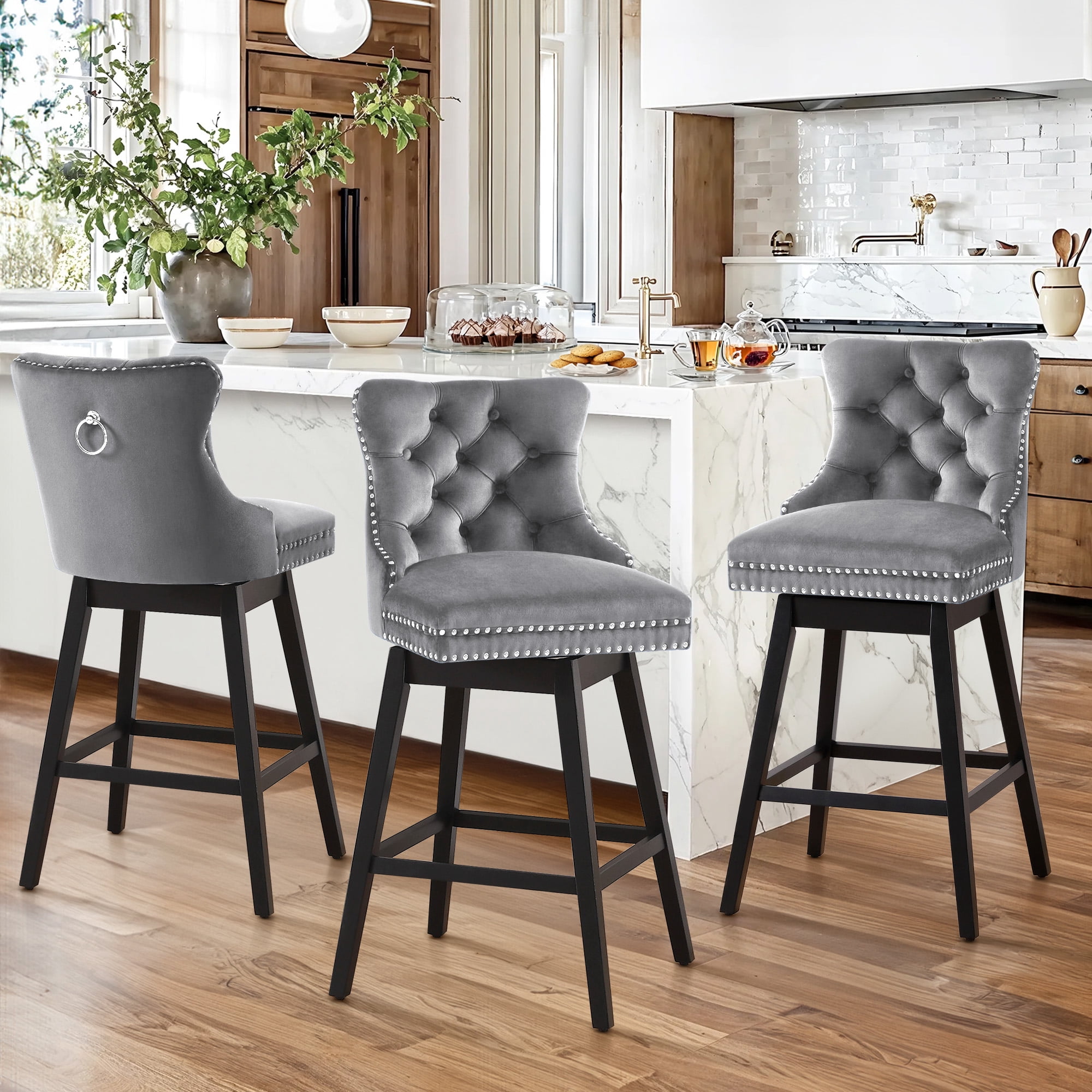 TEWLOSS Bar Stools Set of 3 Swivel 30" Velvet Barstools for Kitchen Island, Gray