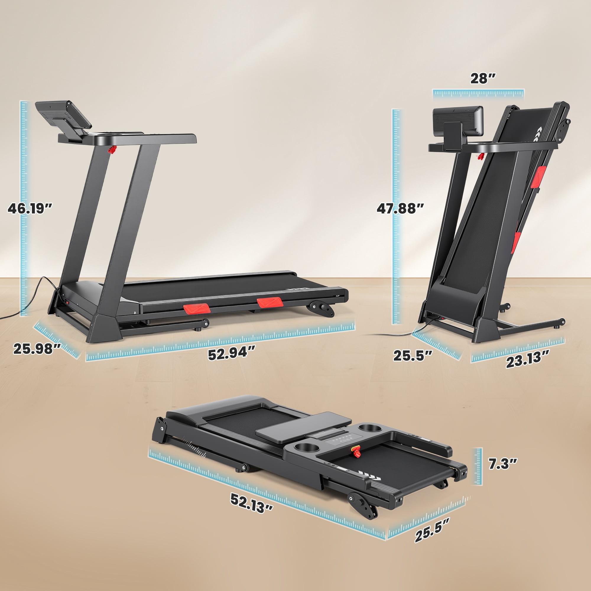 Naipo 3 Level Manual Incline Treadmill 2.5HP Dual Storage Folding Modes Treadmill with 0.6-8.5MPH Speed Range Foldable Monitor Water Cup Holder & Safety Key for Home Gym Exercise 286lbs