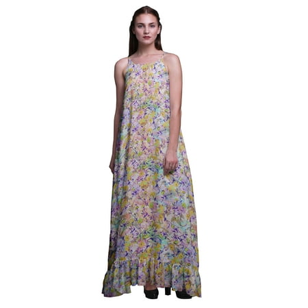 

Bimba Medium Yellow2 Artistic Leaves & Floral Nightwear For Women Printed Nightgown Spaghetti Strap Maxi Dress Sleepwear Large