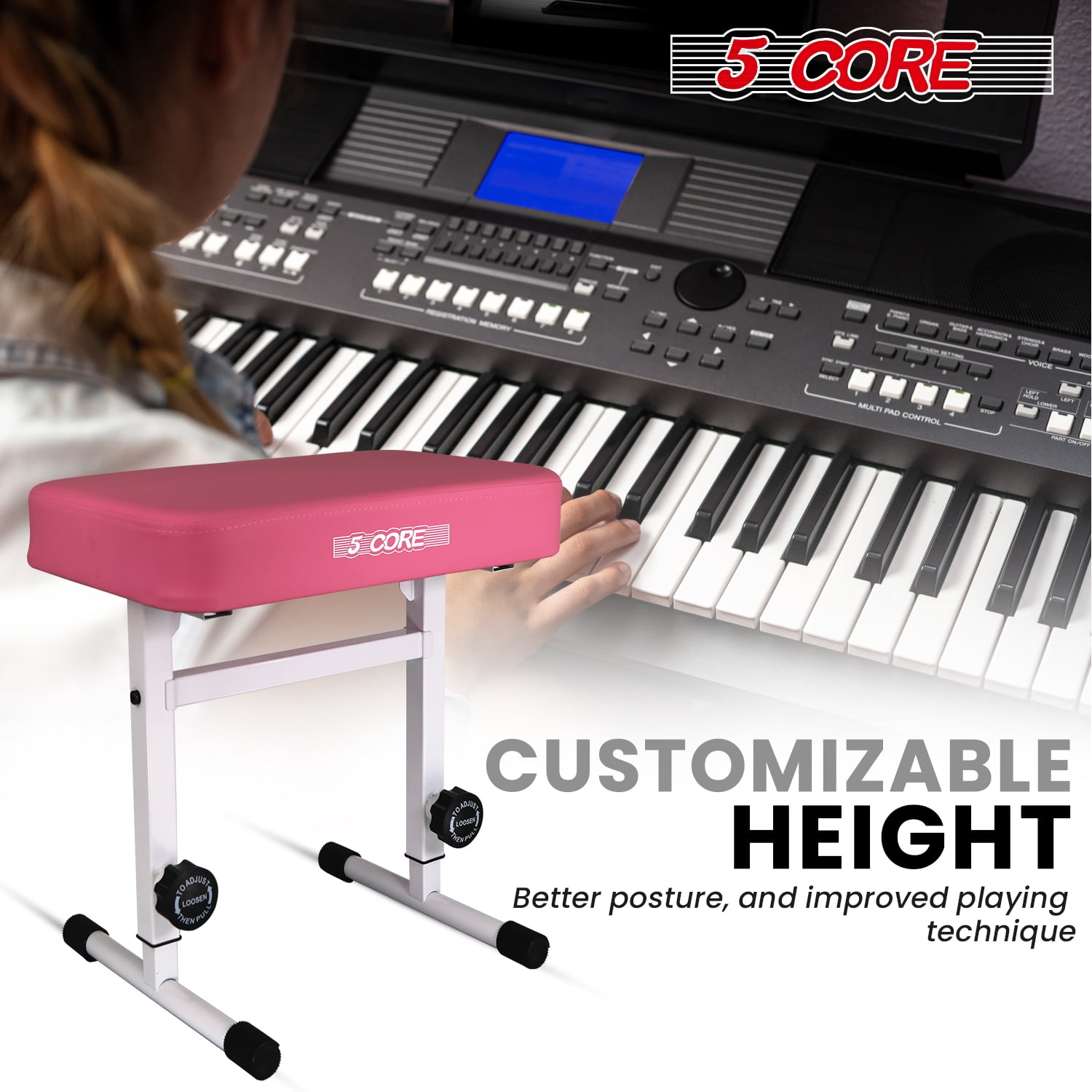 5 Core Keyboard Bench 3 Inch Padded Cushioned Piano Stool Height Adjustable Guitar Seat Heavy Duty Folding Portable Musician Chair W Nonslip Rubber Feet Pink - KBB H-ADJ PNK