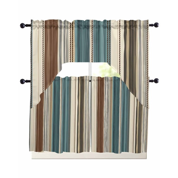 Teal Boho Stripes Swag Curtains for Living Room/Bedroom Windows, Modern Bohemia Brown Beige Texture Kitchen Curtains and Valances Set 36 Inch Length, Light Filtering Swags Valance Curtain Panels