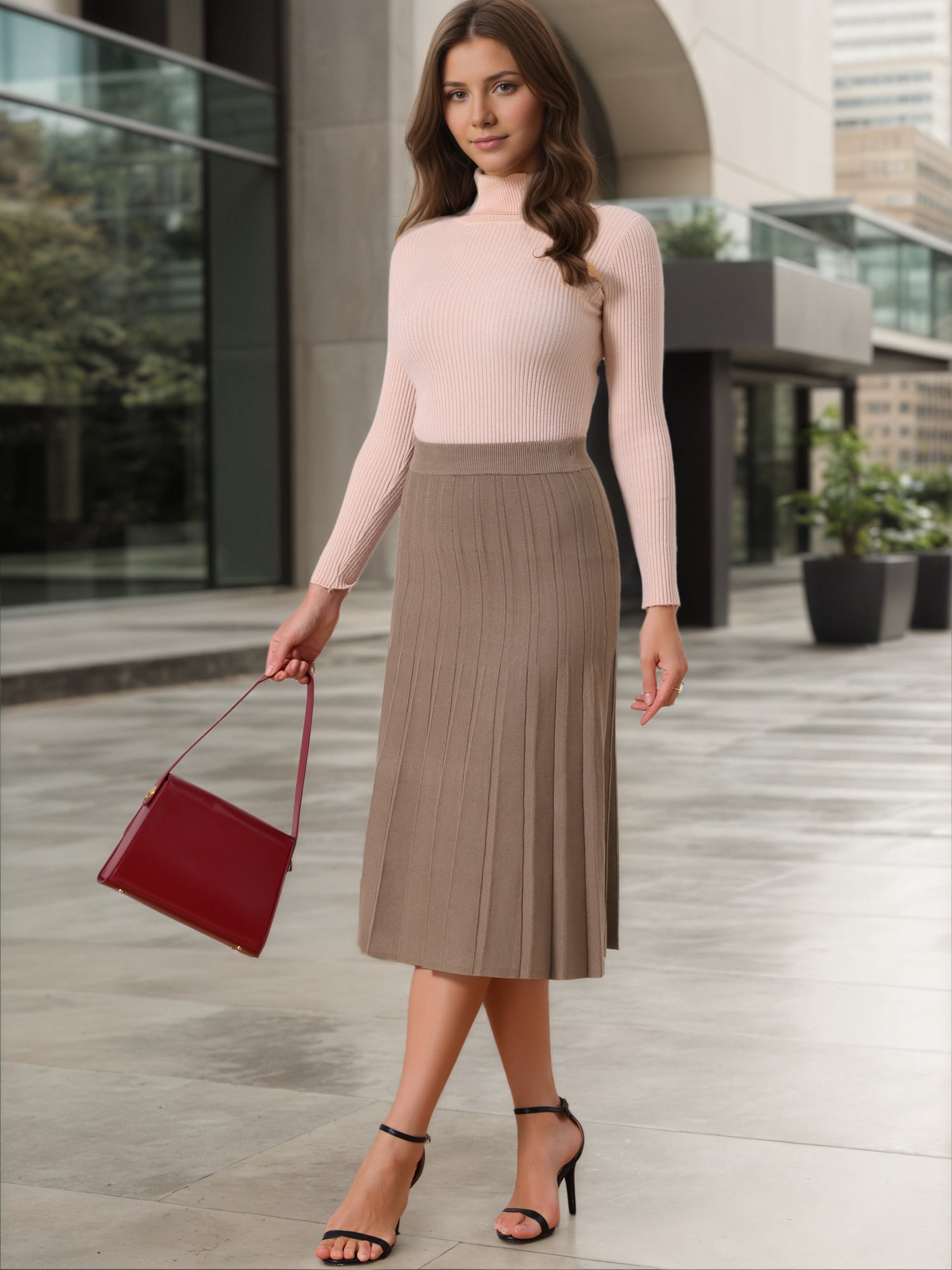 DARING DIVA Women's Pleated High Waist A Line Knit Midi Skirt S Brown