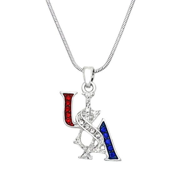 USA Pendant Necklace Rhinestone Crystal Rhodium Plated 17 Inch Snake Chain J0333