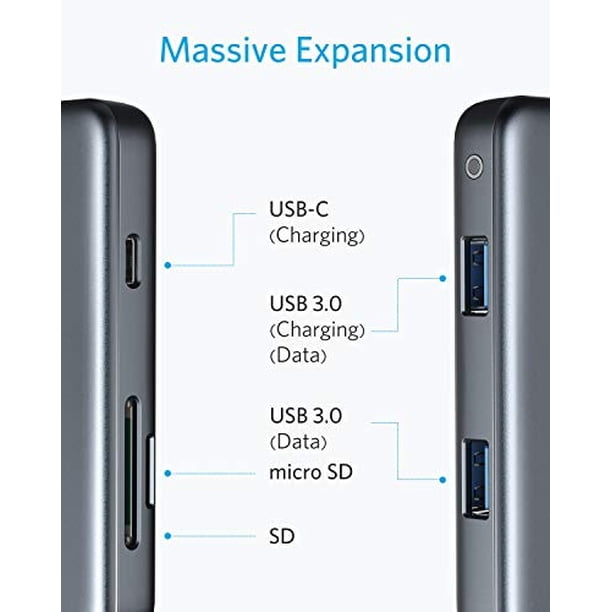 Concentrador USB C Anker, adaptador USB C 5 en 1, con suministro de potencia de 60 W, lector de tarjetas microSD y SD, 2 puertos USB 3.0, para MacBook Pro, Chromebook, XPS y más