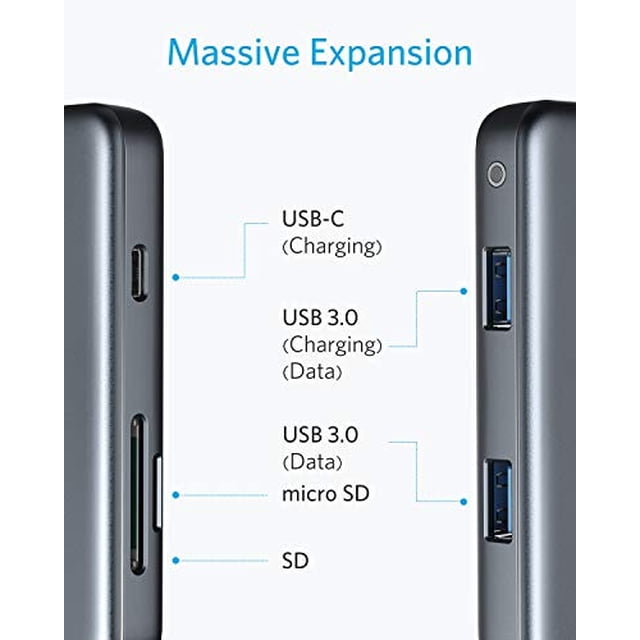 Concentrador USB C Anker, adaptador USB C 5 en 1, con suministro de potencia de 60 W, lector de tarjetas microSD y SD, 2 puertos USB 3.0, para MacBook Pro, Chromebook, XPS y más