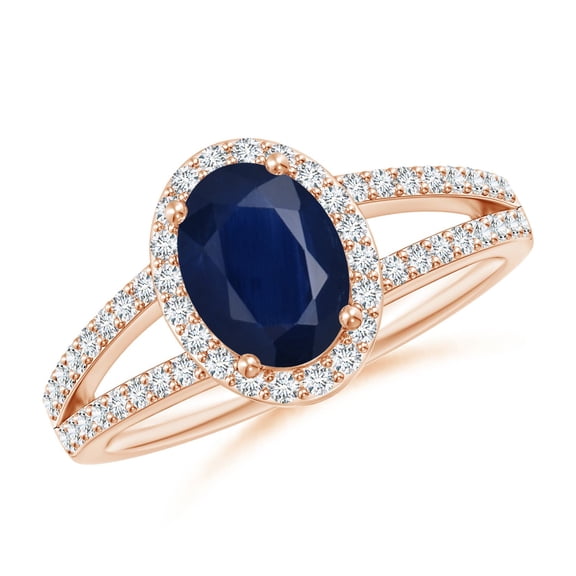 ANGARA Natural Oval 1.55 ct Blue Sapphire Split Shank Halo Ring in 14K Rose Gold for Women (Size-8x6mm) | September Birthstone, Anniversary, Jewelry Gift for Women | Natural Blue Sapphire Ring