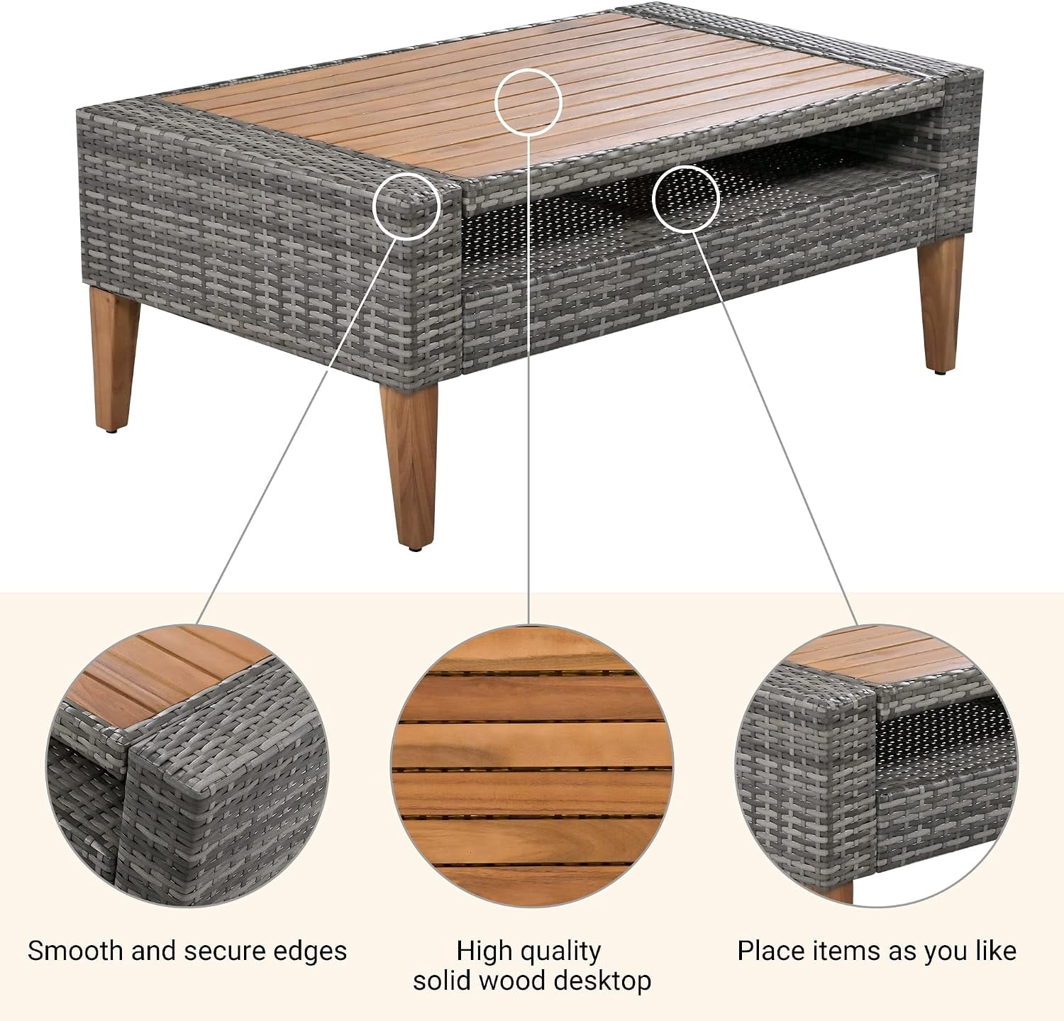 6-Piece All Weather PE Wicker Patio Sofa Set, Outdoor Rattan Seating with Double Cushions, Wood Table Top & Legs, Beige & Gray