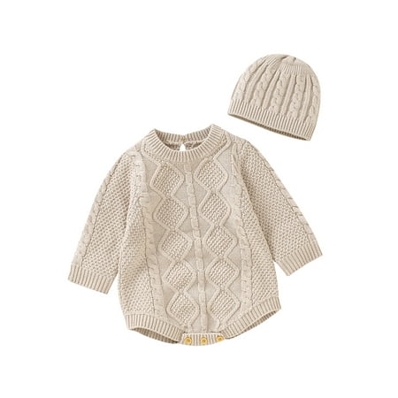 

Bagilaanoe Newborn Baby Girl Boy Knit Jumpsuit + Hat Long Sleeve Bodysuit 3M 6M 9M 12M 18M Infant Ribbed One Piece Romper