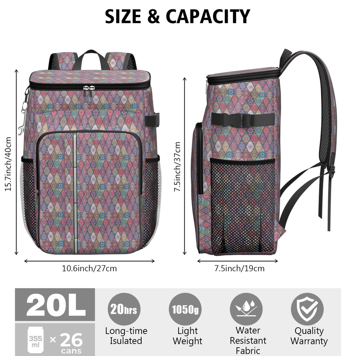 Travel Cooler Bag - Boho Bohemia Flower Camping Beer Cooler Backpack with Bottle Opener- Waterproof Insulated Picnic Backpacks - Cooler Bag for Beach