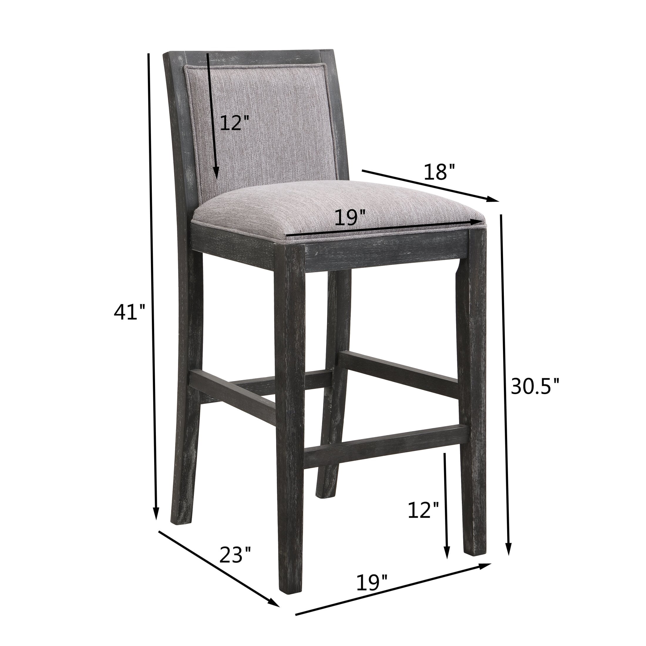 Retro Fabric Upholstered Counter Stools with Distressed Rubberwood Legs, Black+Grey, Set of 2