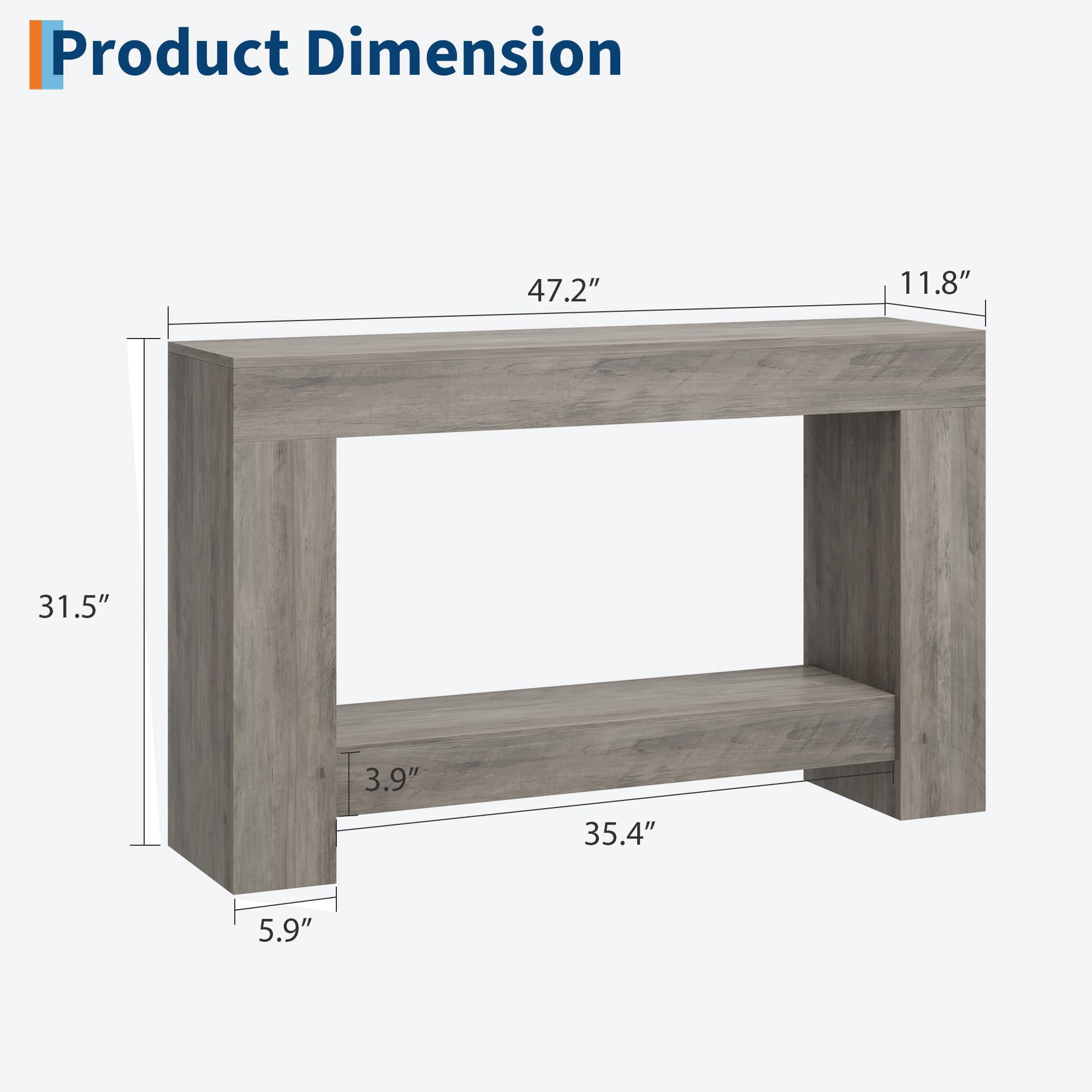 Farmhouse Console Table for Entryway – 2-Tier Long Wood Sofa Table with Storage – Narrow Accent Table for Living Room or Hallway – Grey, 1.2 Meters