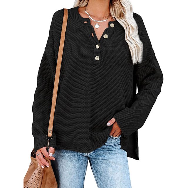 Suéter de Punto Cuello en V Medio Botones Color Puro Abertura Lateral Manga Larga Suéter Suelto para Mujer Negro XL