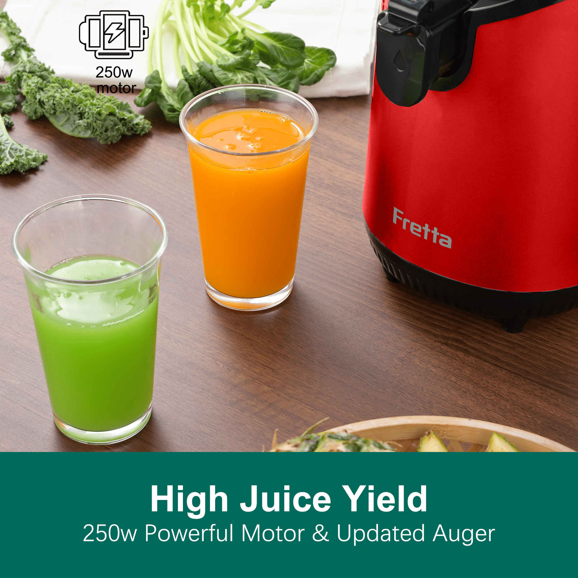 Fretta Cold Press Juicer with 5.3" Extra Large Feed Chute, 250W Slow Masticating Machines Fit Whole Fruits & Vegetables, High Juice Yield, BPA Free (Red)