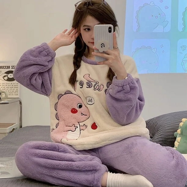 Pijamas Kawaii Sanrio Kuromi Cinnamoroll Pachacco para mujer, ropa de dormir de franela gruesa y cálida, cuello redondo, Invierno