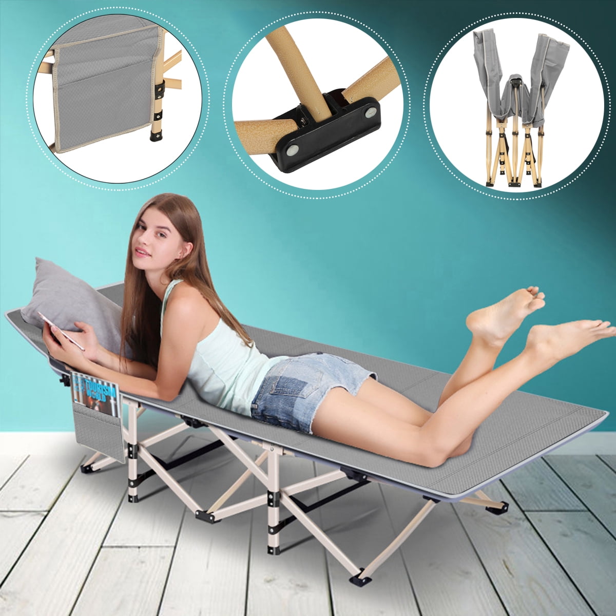 Folding Camping Cot, Sleeping Bed, Tent Cot, with Carry Bag & Storage