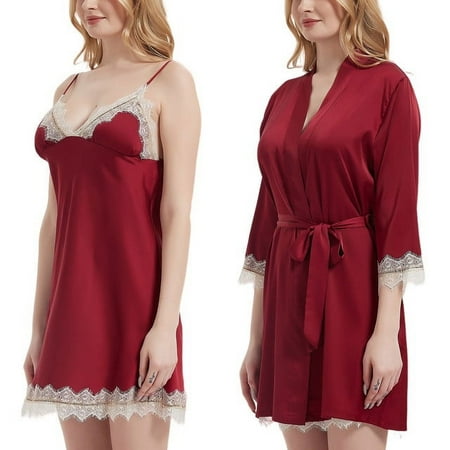 Uncia Active Womens Lingerie Set 2pcs Lace Trim Chemise Babydoll Sleepwear with Kimono Robe