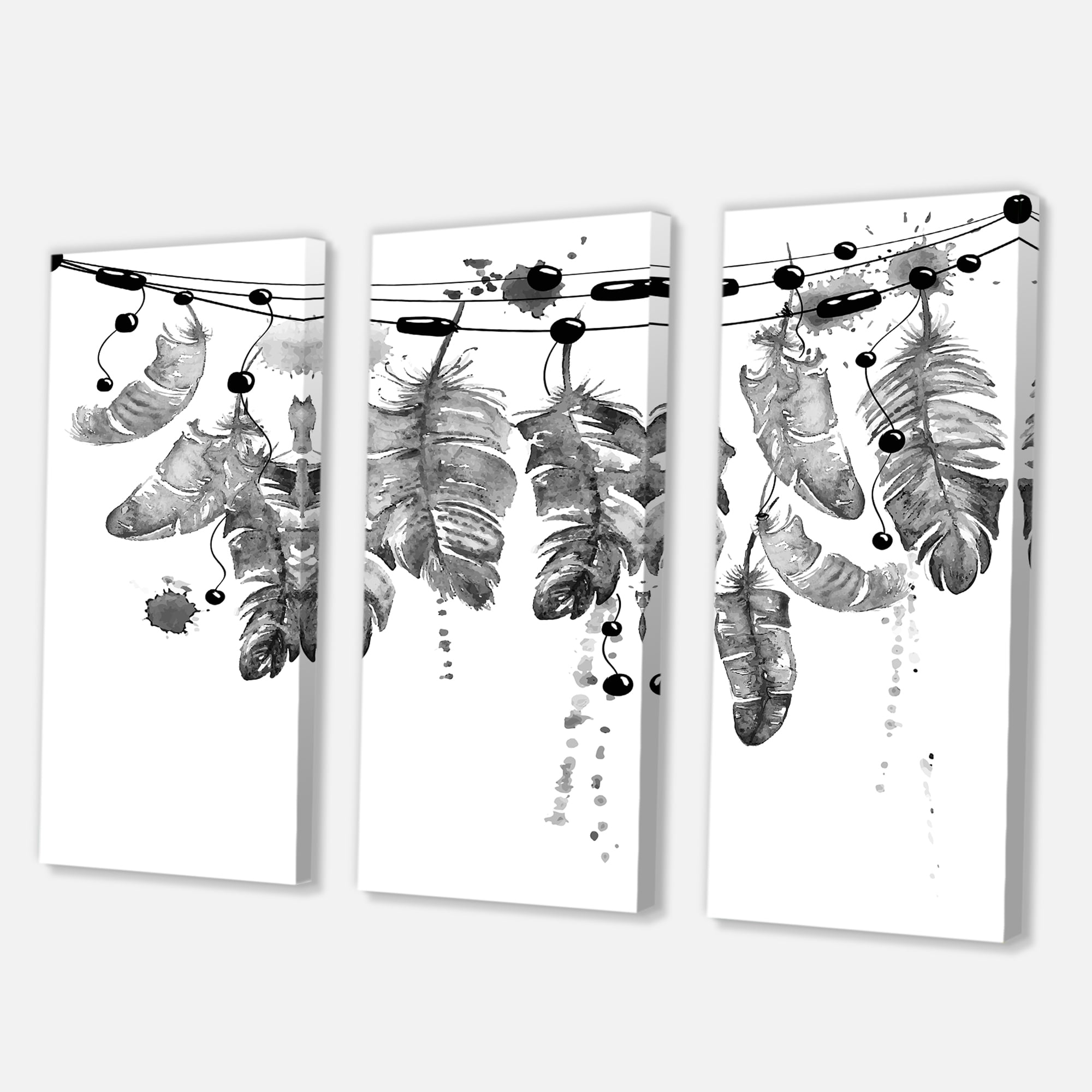 Designart ' Hanging Monochrome Bird Feathers ' Bohemian & Eclectic Canvas Wall Art Print