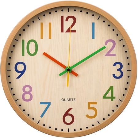 DESIGNICE Kids Wall Clock Silent Non-Ticking Colorful Childrens Clock Round Decorative Wall Clocks for Classroom,School,Office,Bedroom,Living Room,Kitchen(Bamboo Grain,12 inch)